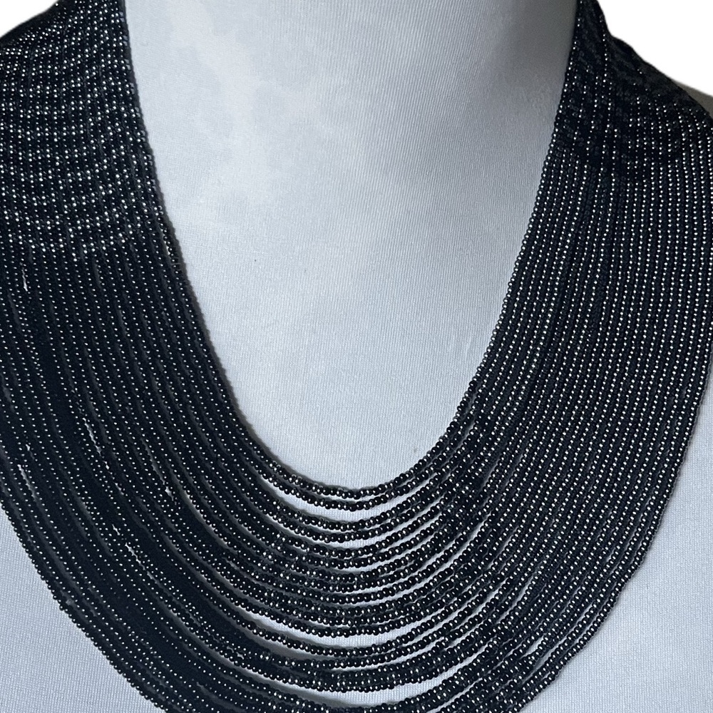 Black & Gray Multi-Strand Seed Bead Bib Statement Necklace - Picture 4 of 4